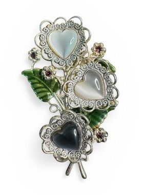 Kenneth Cole Heart Trio Floral Bouquet Brooch Silver Tone Signed KC